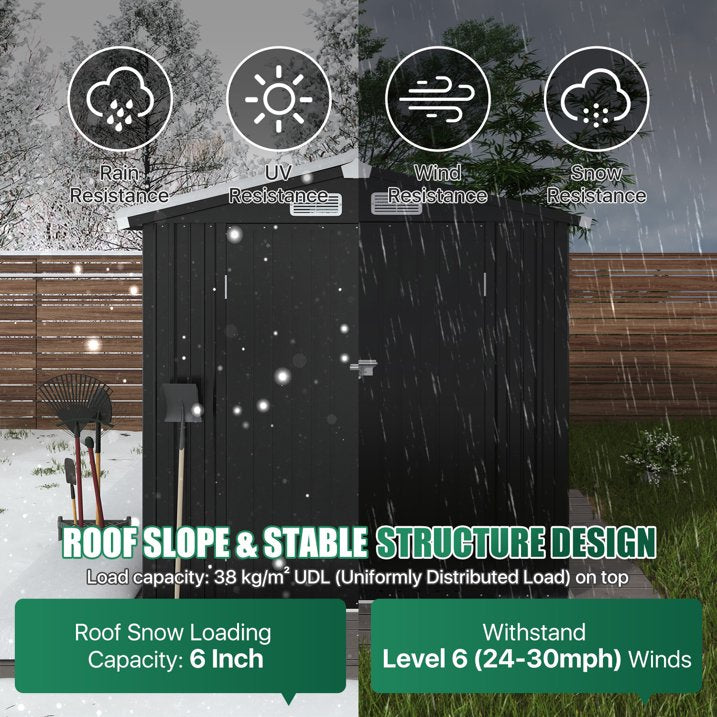 Clouddwell 6 ft. x 4 ft. Outdoor Storage Shed, Black Metal Garden Shed with Lockable Doors & Sloped Roof for Backyard, Patio, Poolside