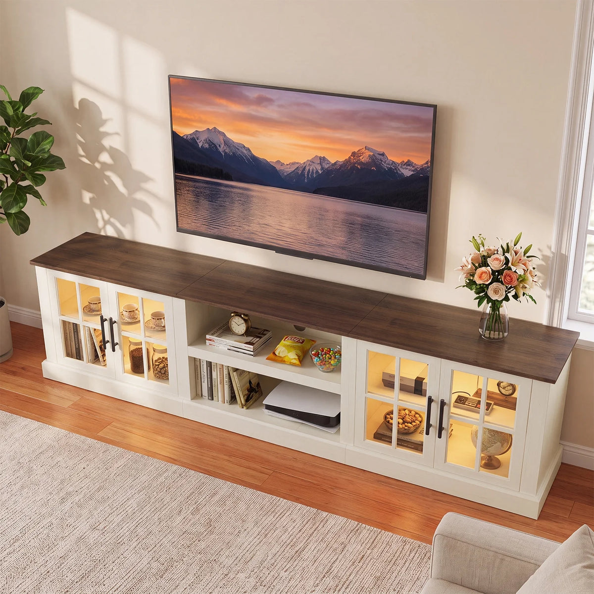 Sonegra 90" TV Stand for TVs up to 100 Inch, Farmhouse Media Console with LED Lights, Glass Cabinet Doors, Open Storage Shelves, Cable Management,White