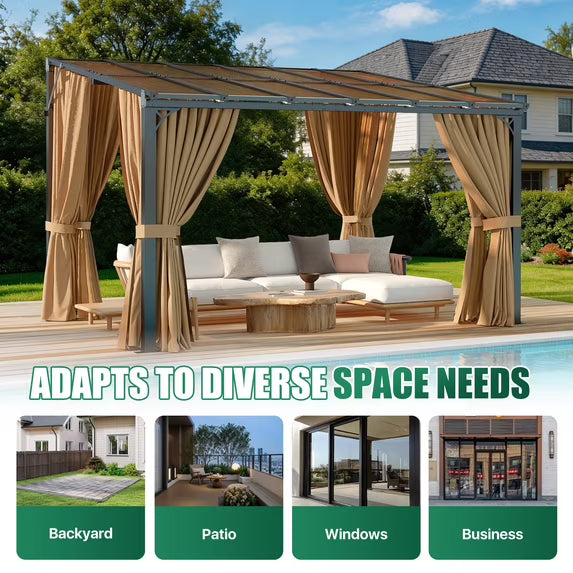 LazySunsets 10x12 FT Wall-Mounted Aluminum Gazebo Polycarbonate Roof with Full Mosquito Netting & Privacy Curtains
