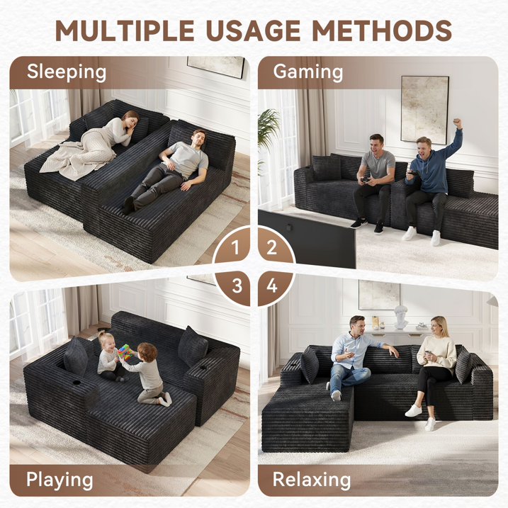 LazySunsets 103" Boneless Couch for Living Room, L-Shaped Modular Sectional Sofa with Wide Armrests and Cup Holders, Corduroy Cloud Cuch No Assembly, Gray