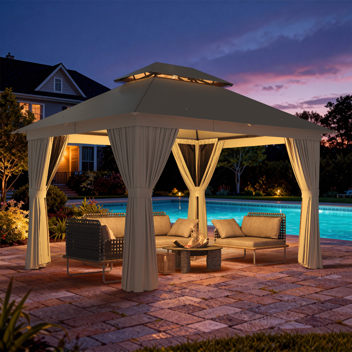 Clouddwell 10'x12' Patio Gazebo Double Roof Protection All-Weather Outdoor Shelter Features Insect Screens & Privacy Curtains Ideal for Backyard, Lawn, (Beige)