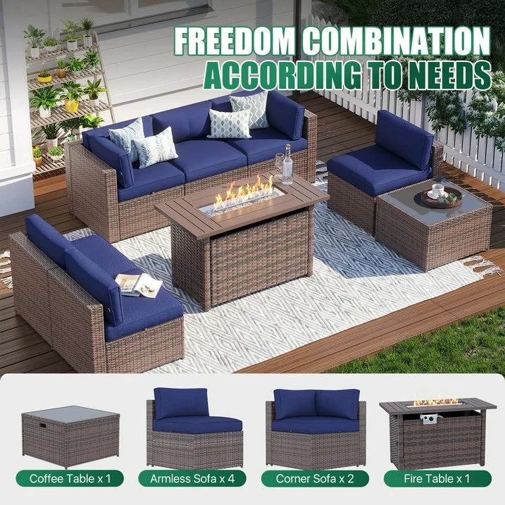 Clouddwell 8 Piece Patio Furniture Set with 44” Fire Pit Table Wicker Rattan Patio Conversation Set Outdoor Sectional Sofa Set with Coffee Table and Blue Cushions(Waterproof Cover Included)