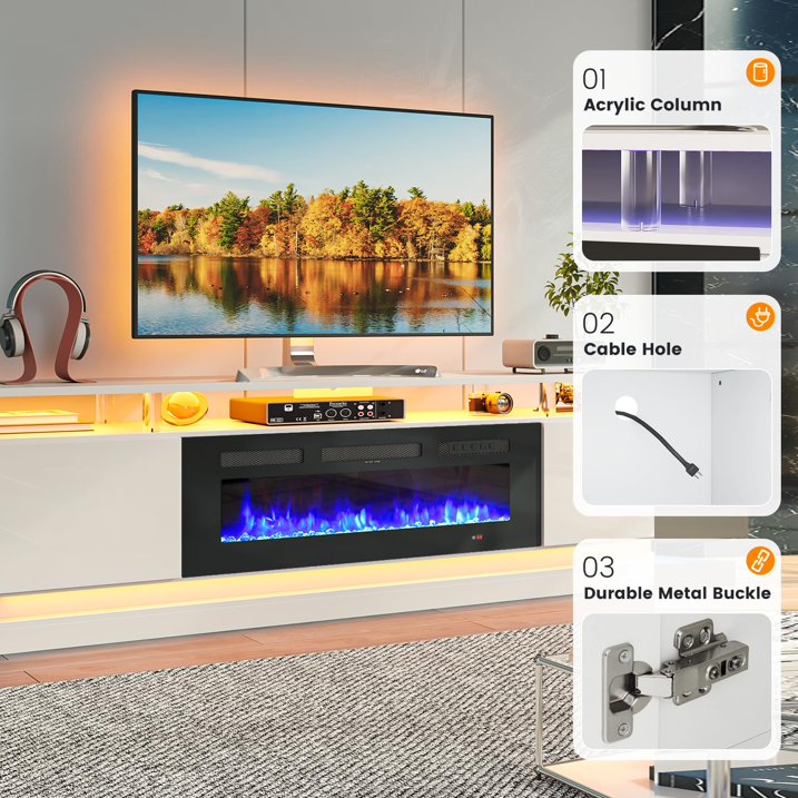 Sunmthink 70" Fireplace TV Stand, Modern Entertainment Center for TVs Up to 80”, TV Console with Storage Cabinets, Media Console for Living Room, white