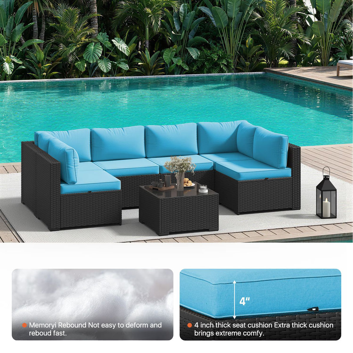 Dateyes 7-Piece Patio Furniture Set, All-Weather Wicker Rattan Outdoor Sectional Sofa Set with Coffee Table (Blue)