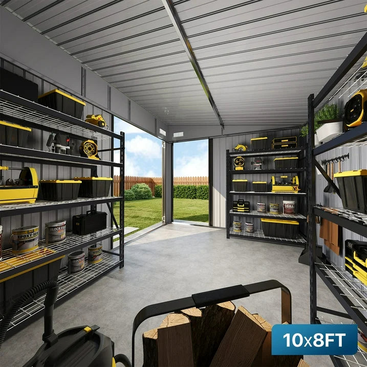 Sunmthink 10' x 8' Metal Storage Shed with Triple Doors, Lockable Lean-to Design & Vents, Black