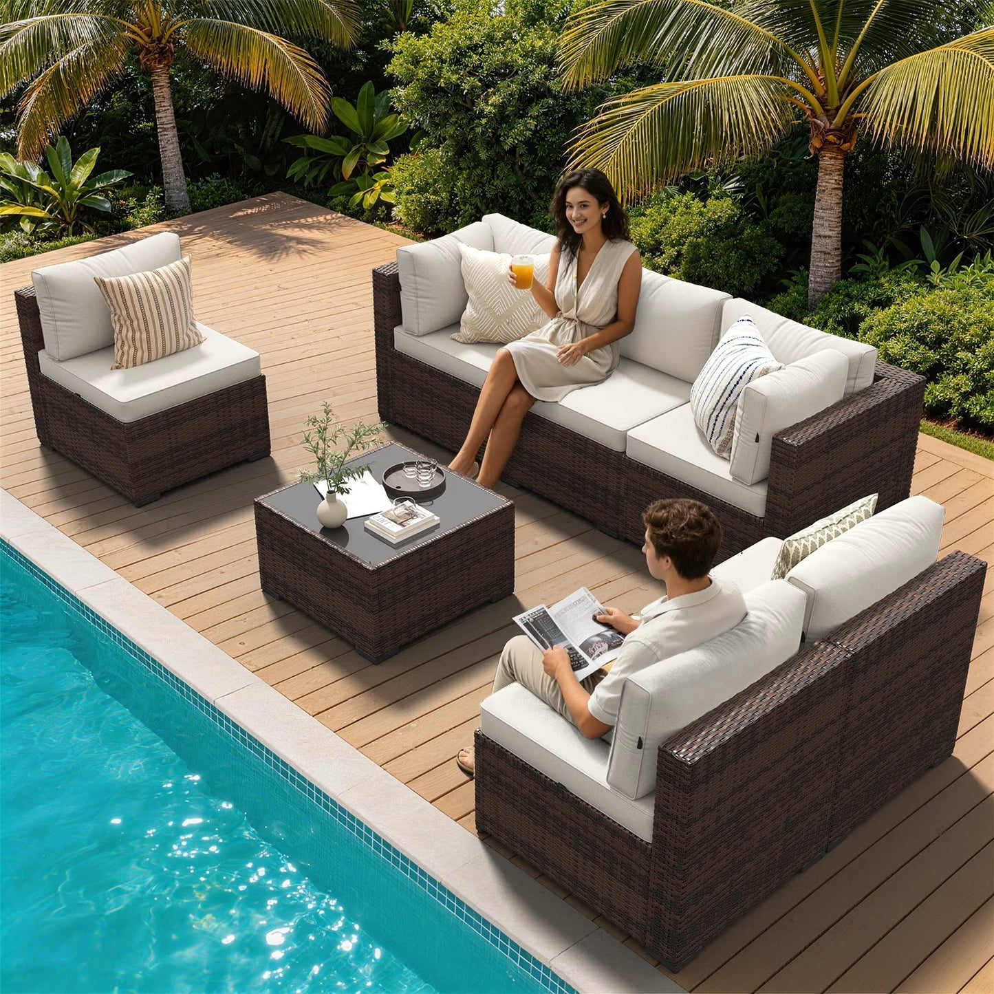 Clouddwell 7 Piece Outdoor Patio Furniture Set, Wicker Rattan Patio Sectional Sofa Sets, Off White