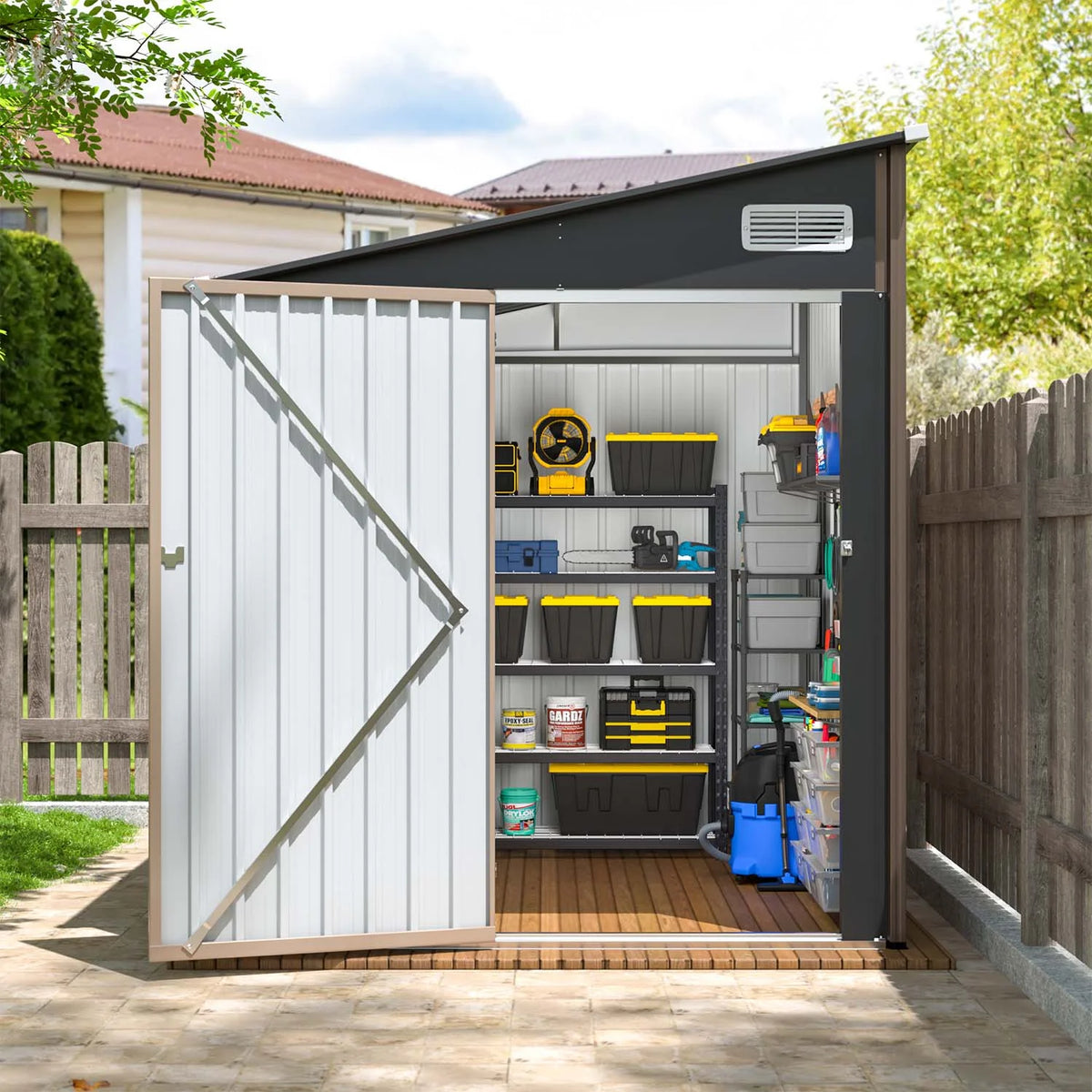 Clouddwell 7.5 x 6 Ft. Outdoor Metal Storage Shed, Lockable Lean-To Galvanized Steel Utility Shed with Slanted Roof, Brown
