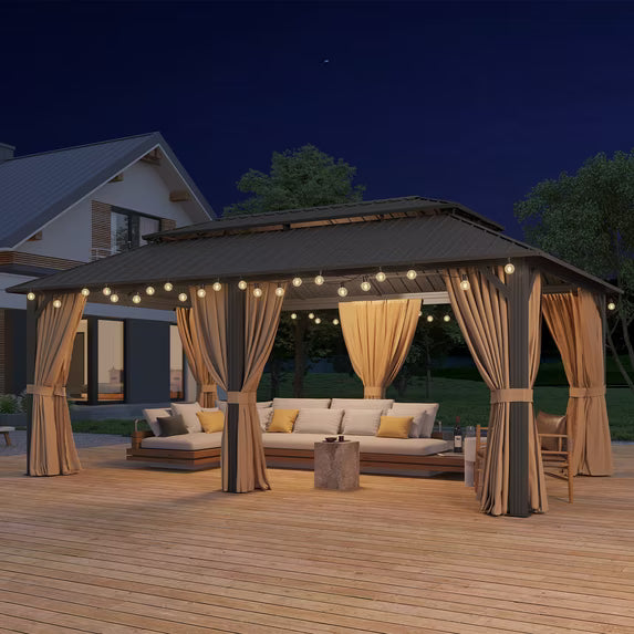 Clouddwell 20' x 12' Gazebo for Patio, Gazebo Pergola with Sloped Roof, Large Wall-Mounted Heavy Duty Awnings, for Deck, Patio and Backyard,Brown