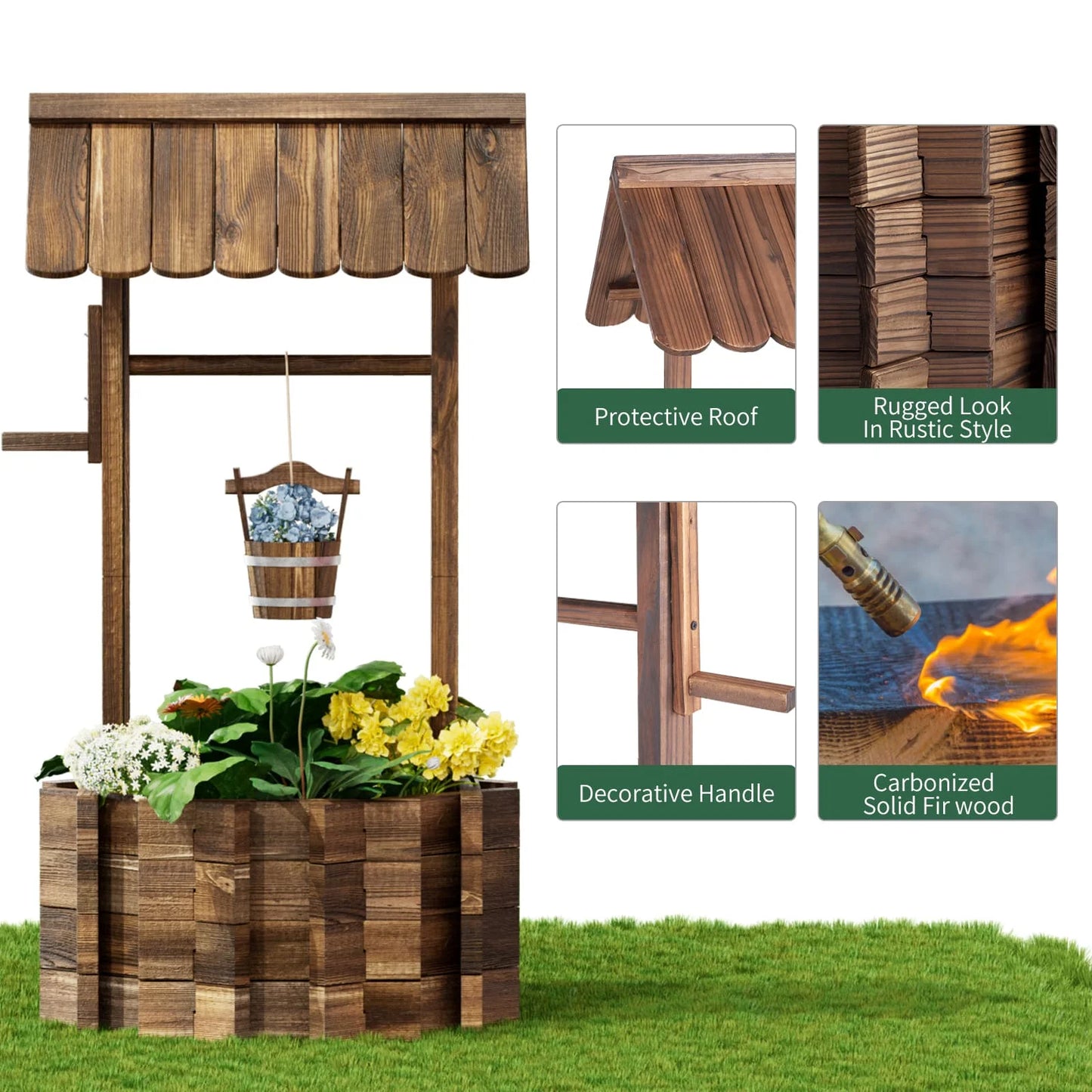 Sunmthink 22in Wish Well Planter, Outdoor Home Decor for Patio, Garden, Brown