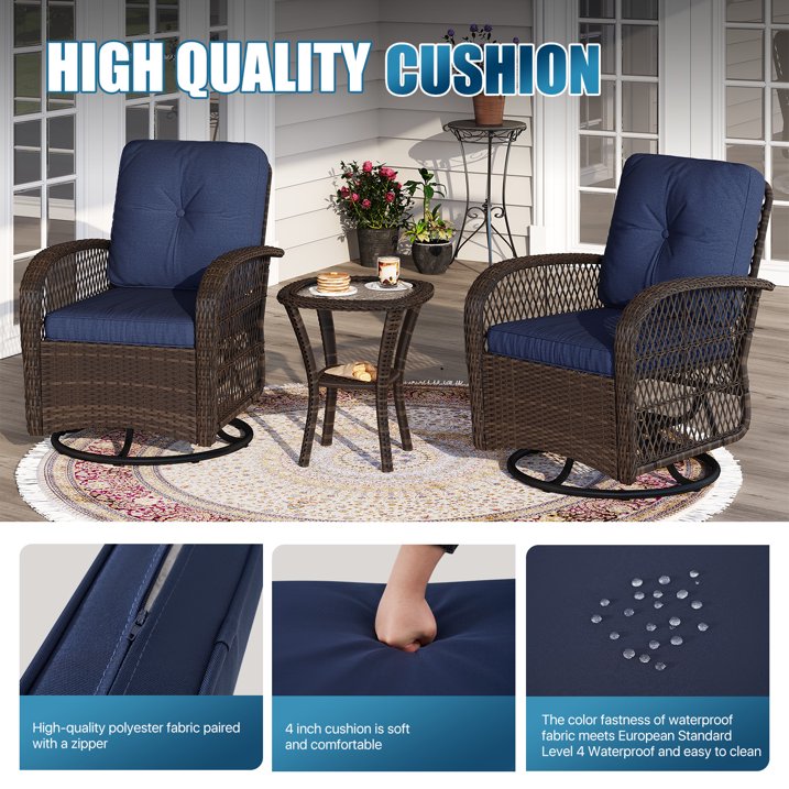 Sunmthink 3-Piece Patio Furniture Set with Swivel Rocking Chairs and Side Table, Thickened Cushions Outdoor Wicker Bistro for Porch Deck Backyard (Blue)