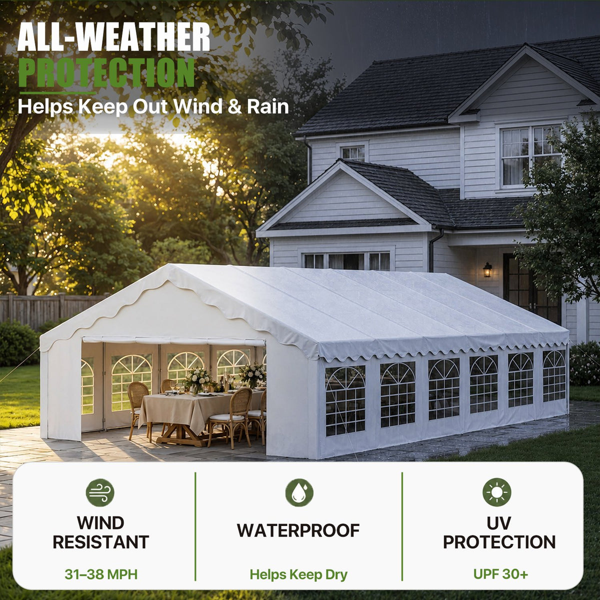 LazySunsets 39*19FT Party Tent, HDPE Heavy Duty Outdoor Awning Tent with Removable Sidewalls & Sandbags, Commercial Grade Big Wedding Tent, Carport, BBQ, UV 50+, Waterproof, White
