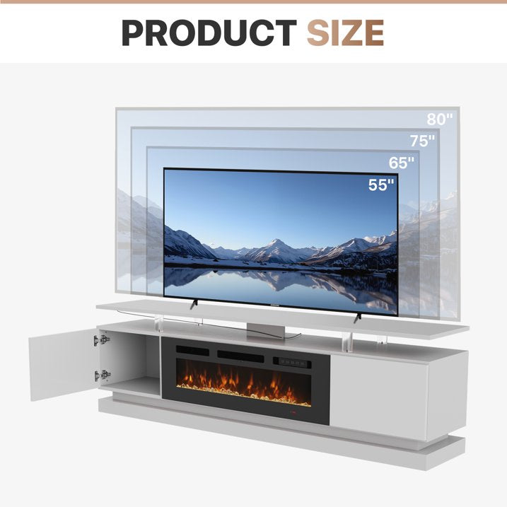 Sonegra Modern Fireplace TV Stand for TVs Up to 80" with music sync LED, 70" Entertainment Center with Electric Fireplace, TV Console with Storage Cabinets for Living Room, White