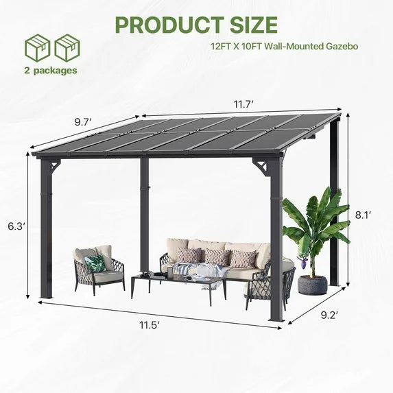 Clouddwell 12'x 10' Wall-Mounted Gazebo Pergola with Aluminum Top Frame & Polycarbonate Panel, Large Heavy-Duty Awnings for Backyard Black