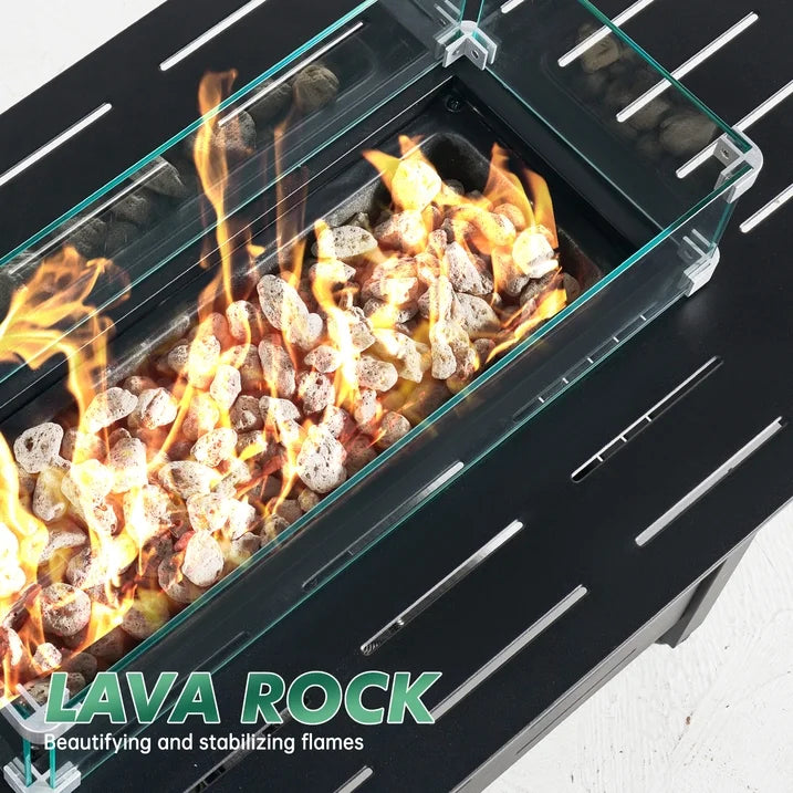 Clouddwell 45" Propane Fire Pit Table, 60,000 BTU Outdoor Patio Heater with Auto Ignition - Includes Glass Wind Guard, Removable Lid & Lava Rocks for Backyard, Deck, Garden (Black)