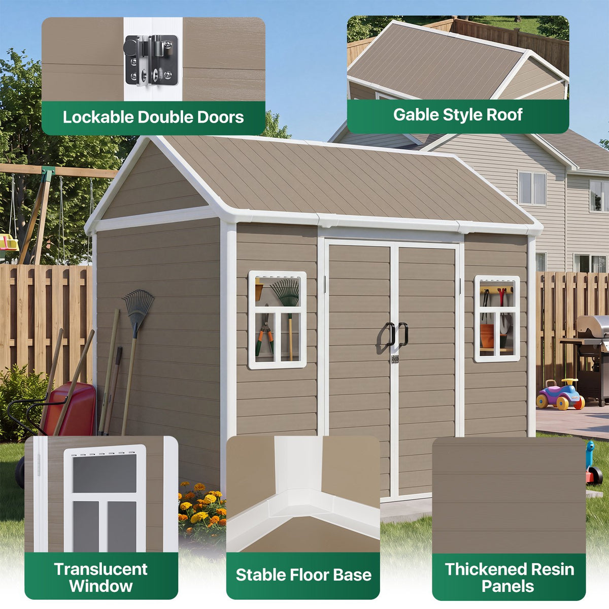 Dateyes 8 x 6 FT Resin Storage Shed, Outdoor Shed with Floor & Window, All-Weather Heavy Duty Plastic Shed for Backyard, Garden, Patio, Brown