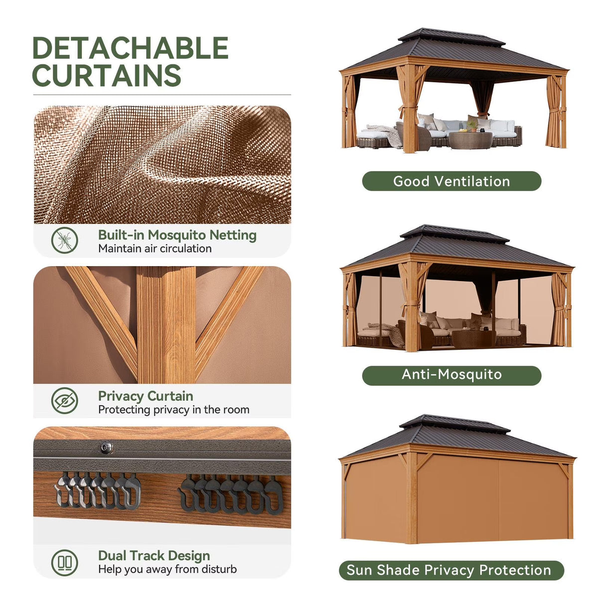 Aoxun 12x16FT Outdoor Hardtop Gazebo, Galvanized Steel Double Roof Gazebo with Curtains & Net for Patios, Deck, Backyard, Brown