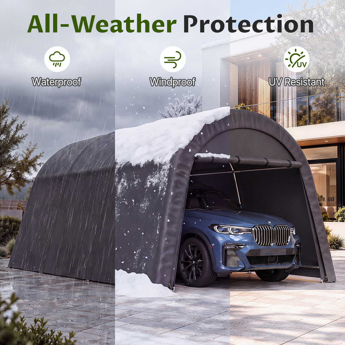 Dateyes 13x20 FT Carport Round Top Shelter, Carport Canopy with Roll-up Doors, Portable Garage Portable Carport with Waterproof UV PE Cover, Car Canopy for Car, Truck, SUV, Boat, Dark Gray