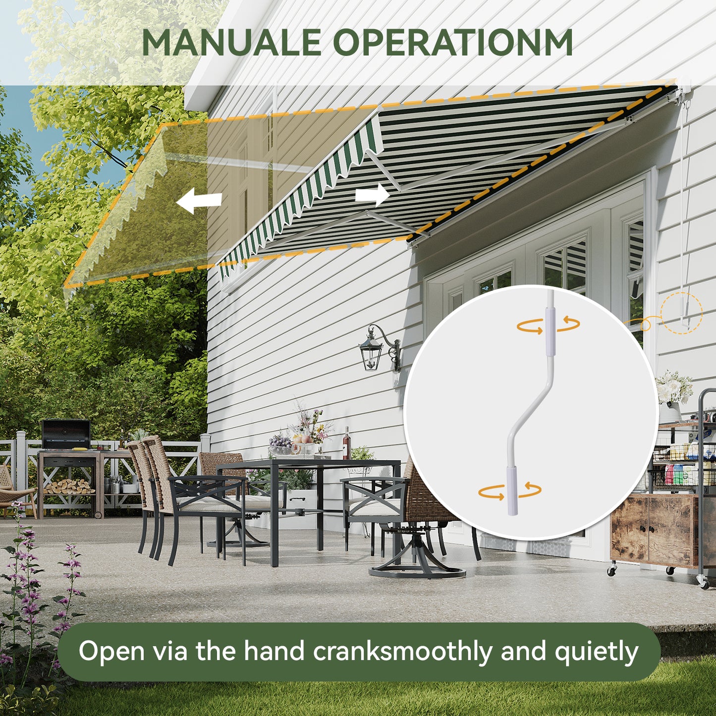 Aoxun Manual Retractable Awning 12x10 FT, Outdoor Patio Sun Shade Canopy with Crank Handle, Waterproof PA Coated Polyester Fabric for Backyard, Deck & Window, Green