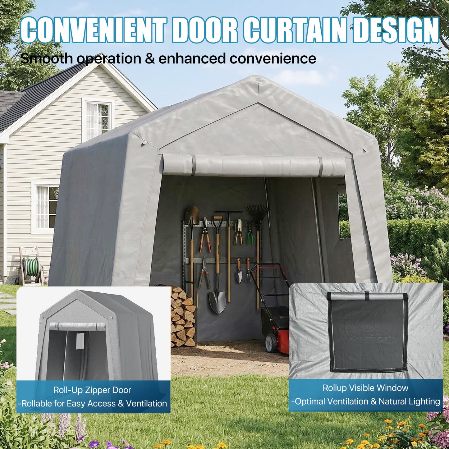 Sunmthink 10x10 FT Outdoor Carport Shed, Portable Storage Sheds with Roll-Up Door & Window, Waterproof Storage Tent with Galvanized Steel Frame for Bike, Motorcycle, Lawn Equipment