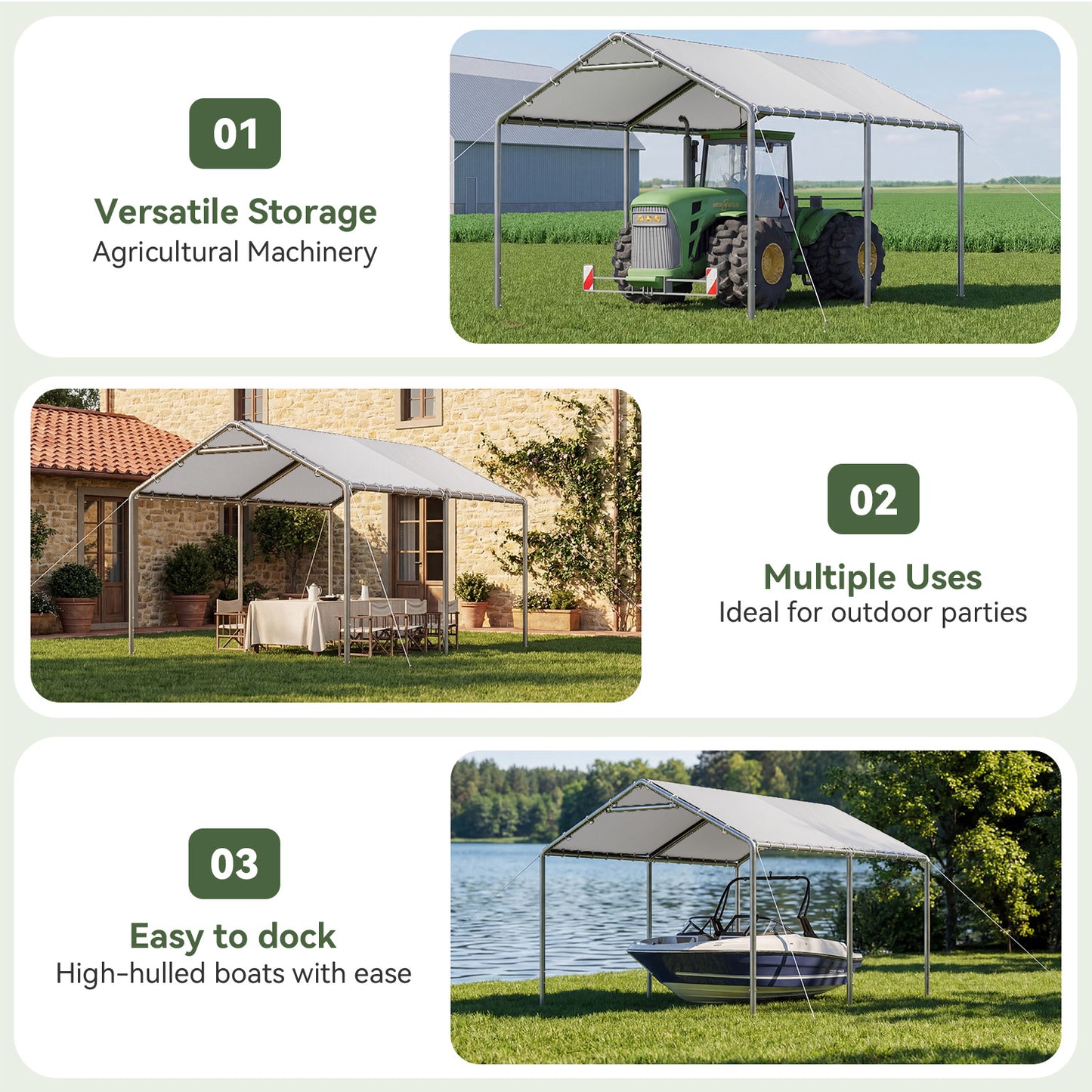 Aoxun 10x15 FT Carport Heavy Duty Car Canopy for Cars, Boats, Trucks, Outdoor Carport Shelter Portable Garage with Reinforced Frame, White