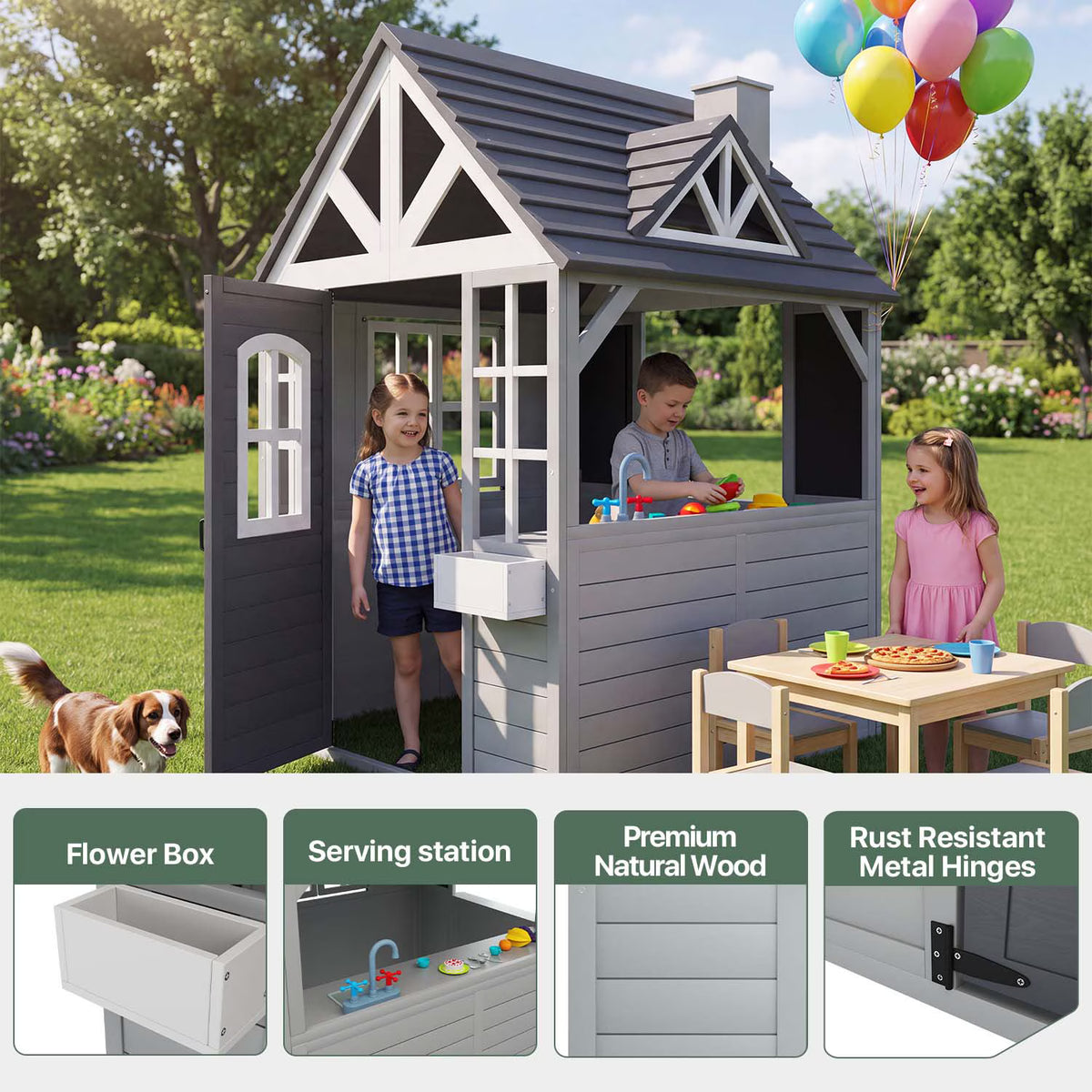 Dateyes Wooden Toddler Playhouse 3x4FT Grey Gable House with Chimney, Pretend Kitchen Accessories, Blackboard and Bar Counter for Outdoor Backyard Play