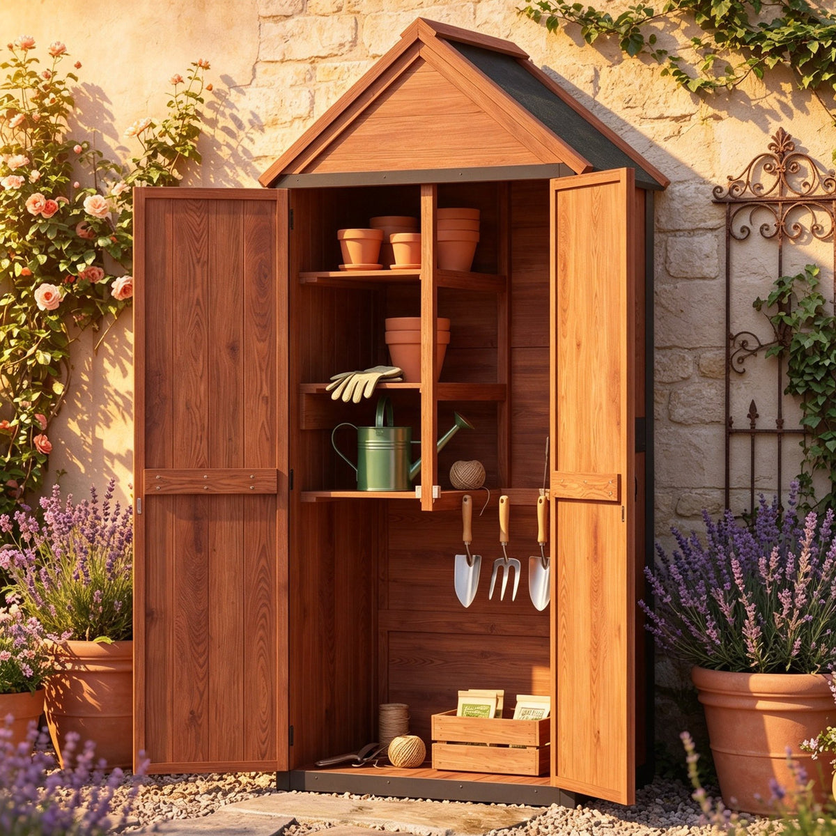 Sumnthink Wooden Garden Shed, Outdoor Storage Shed with Asphalt Roof, 3 Half Shelves, Solid Wood & Metal Frame for Garden Tools, Pool Supplies & Patio Storage