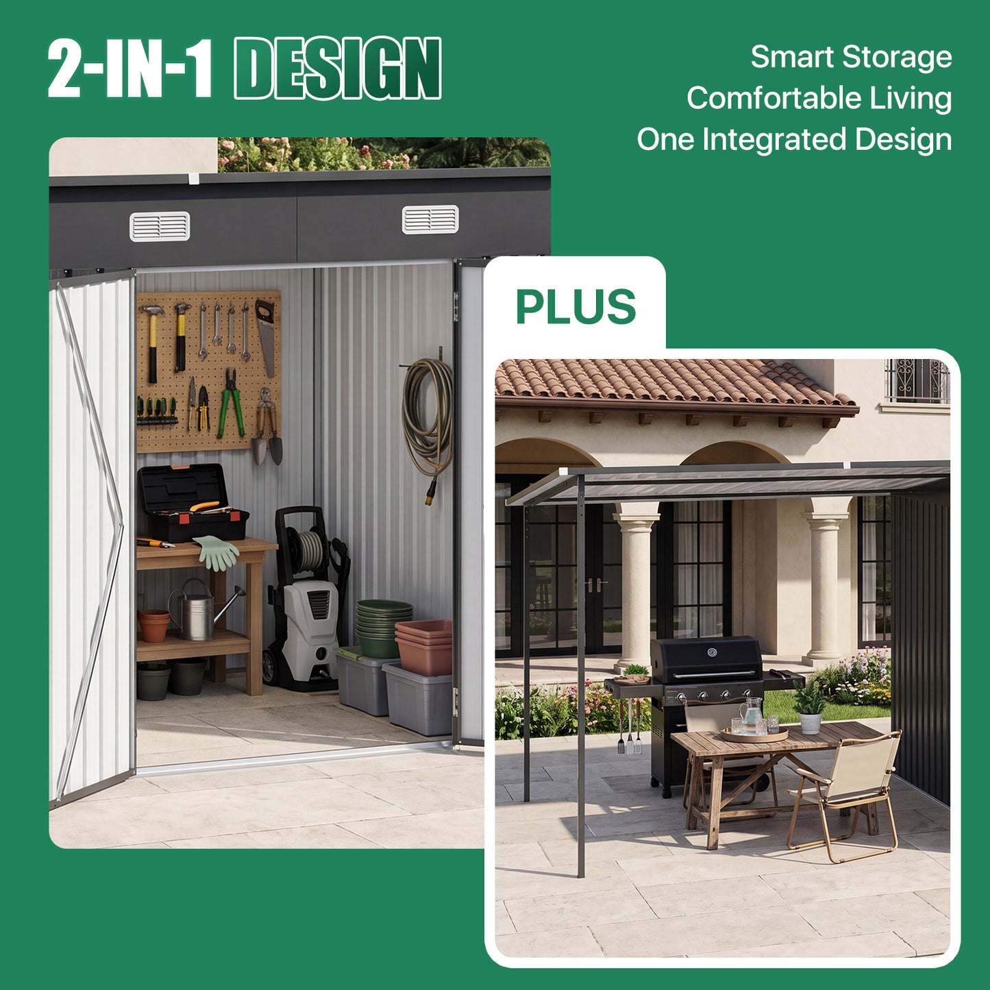 Clouddwell Metal Storage Shed with Hardtop Pergola 14x6 ft 2-in-1, 84 Sq. Ft Outdoor Tool Shed for Backyard