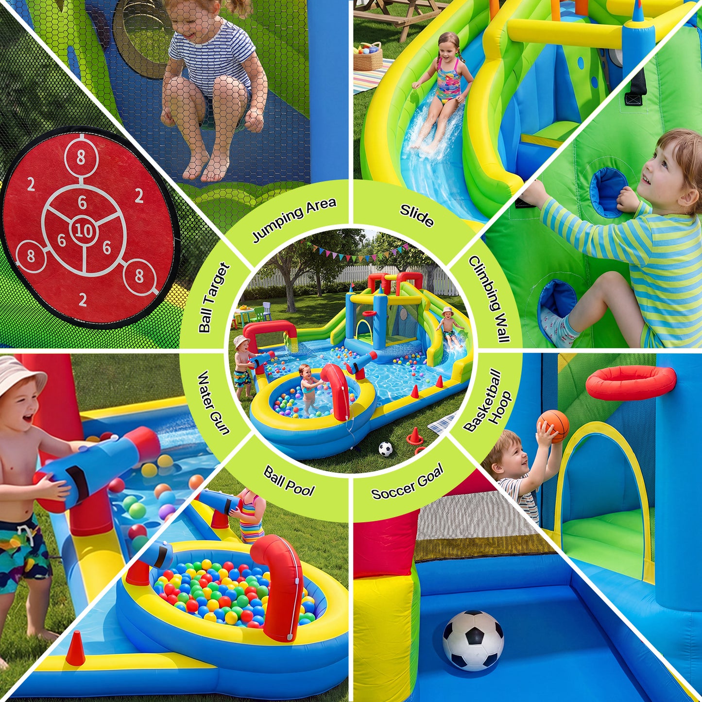 Clouddwell Inflatable Water Slide for Kids with 450W Blower, 8 in 1 Water Park Bounce House for Outdoor Summer Fun, Large Water Park, 14x17FT