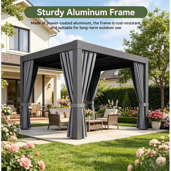Clouddwell 10' × 10' Adjustable Louvered Pergola, Outdoor Aluminum Pergola with Curtains & Netting for Backyard, Deck & Poolside, Gray
