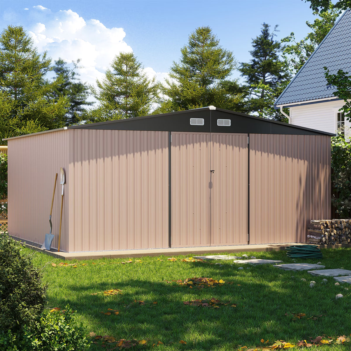 LazySunsets 12 x 14FT Shed Outdoor Storage Shed with Double Door, Large Metal Shed with Lockable Door & Sloped Roof for Garden, Backyard, Patio and Backyard, Brown
