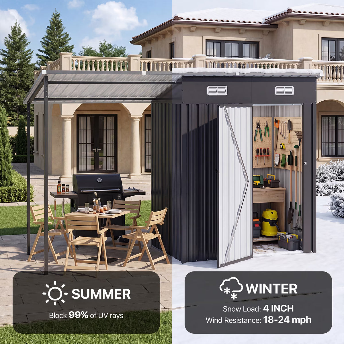 Dateyes Outdoor Storage Shed with Pergola, 10x3 FT Sheds & Hardtop Gazebo Combo with 30 Sq. Ft Covered, 2-in-1 DIY Tool Shed with Attached Hardtop Metal Pergola, Black