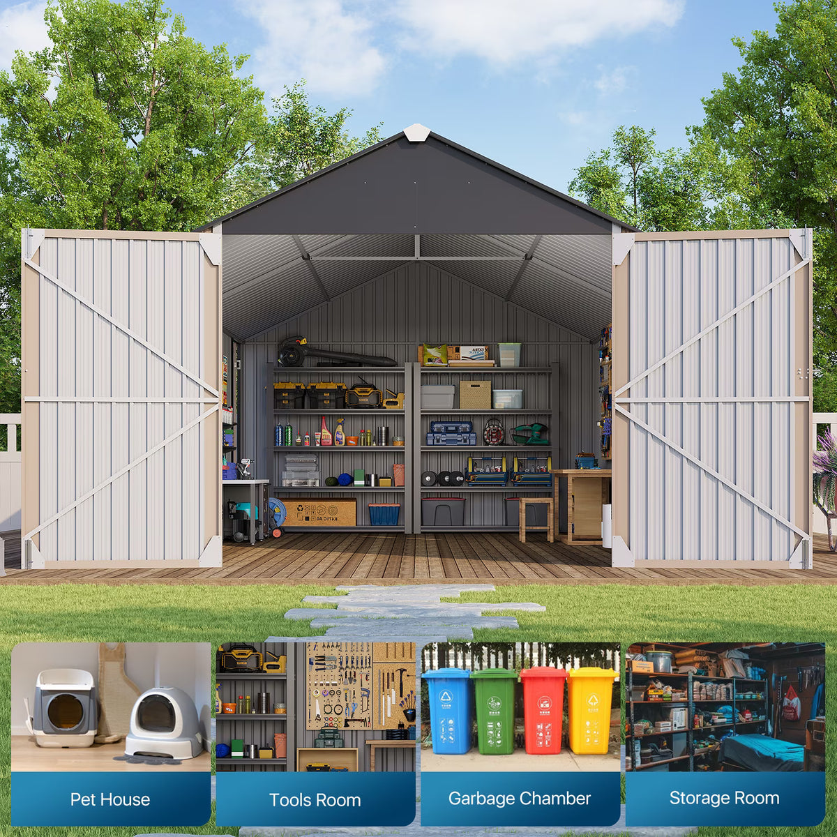 LazySunsets 12 x 20FT Shed Outdoor Storage Shed with Double Hinged Large Door, Extra Large Metal Shed with Lockable Door & Sloped Roof for Garden, Backyard, Patio and Backyard, Brown
