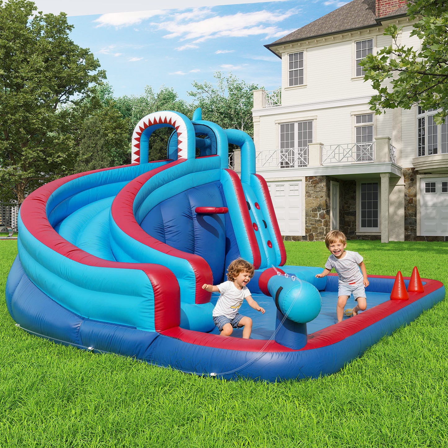 Clouddwell Inflatable Water Slide for Kids with 450W Blower, 5 in 1 Water Park Bounce House for Outdoor Summer Fun, Shark Theme, 10x12FT