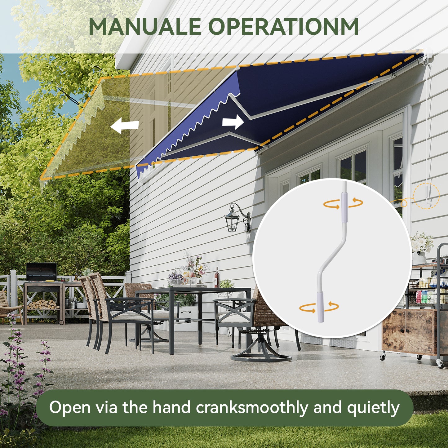 Aoxun Manual Retractable Awning 12x10 FT, Outdoor Patio Sun Shade Canopy with Crank Handle, Waterproof PA Coated Polyester Fabric for Backyard, Deck & Window, Blue
