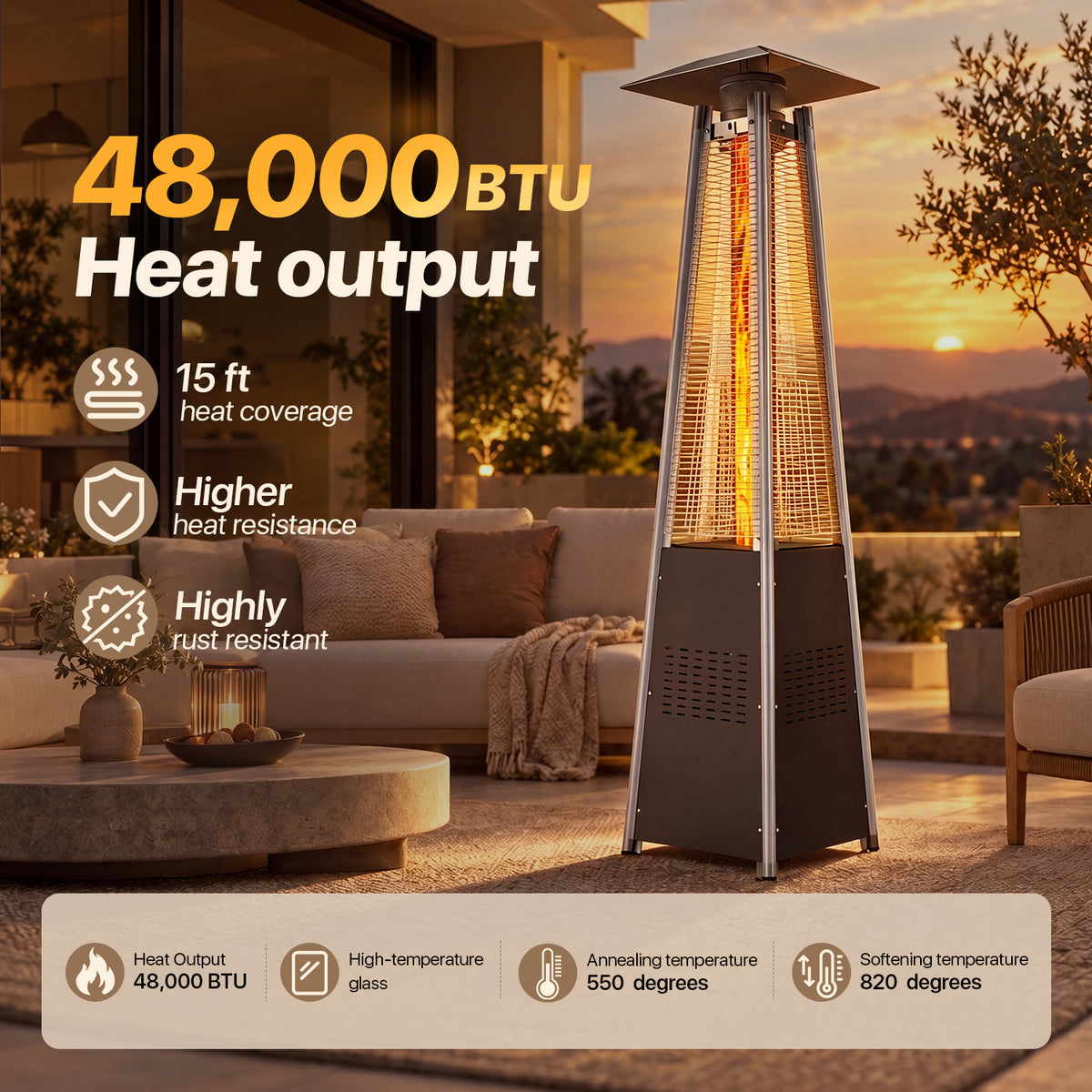 LazySunsets 87 Inch Outdoor Tower Propane Heater, 48000 BTU Black Pyramid Patio Heater with Portable Wheels, Auto Safety Shutoff