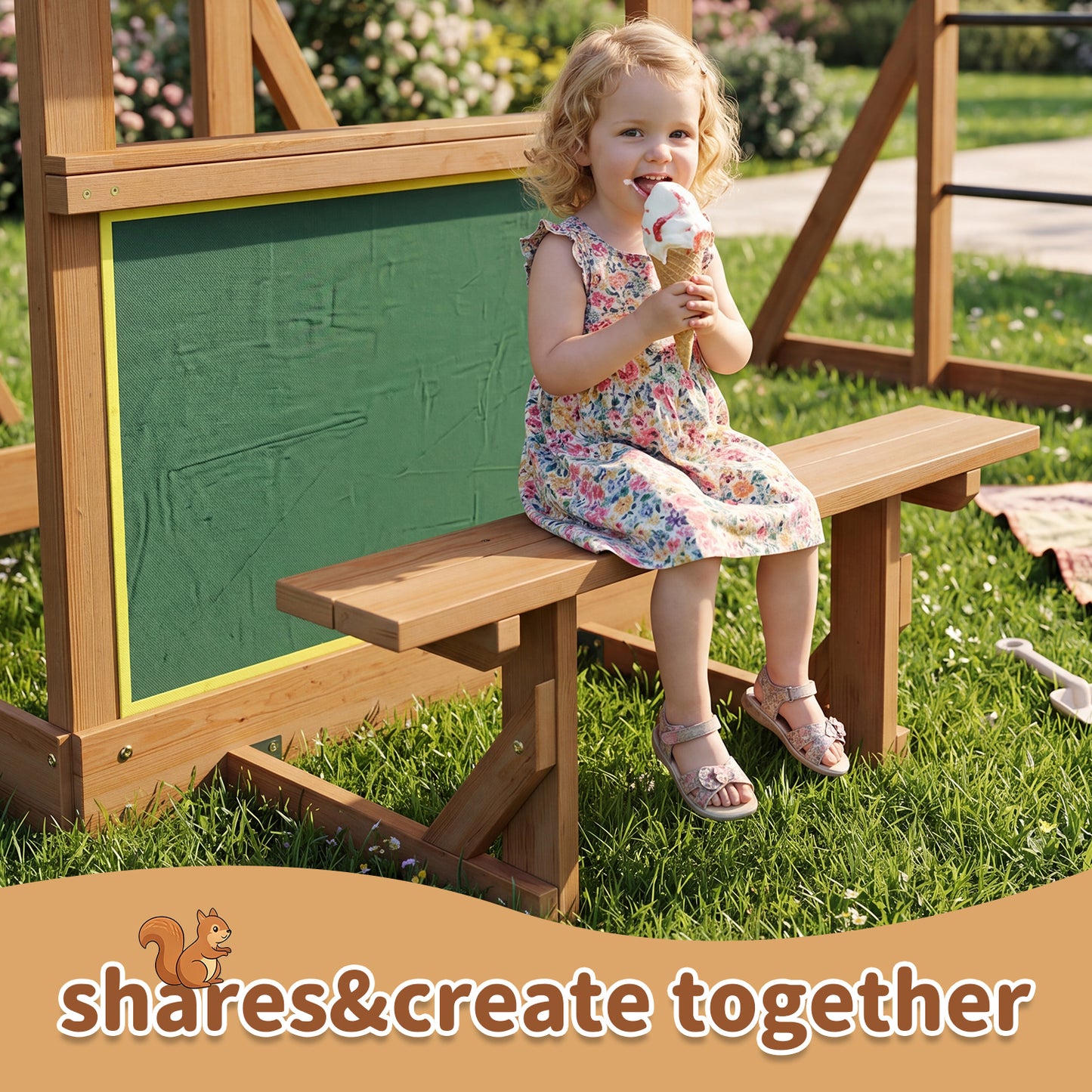 Clouddwell Wooden Swing Set for Backyard Playground Swingset with Slide Kid Outdoor Play Set with 8 FT Wave Slide, 2 Belt Swings Play Deck, Rock Wall Ladder, Belt Swings, Chalkboard