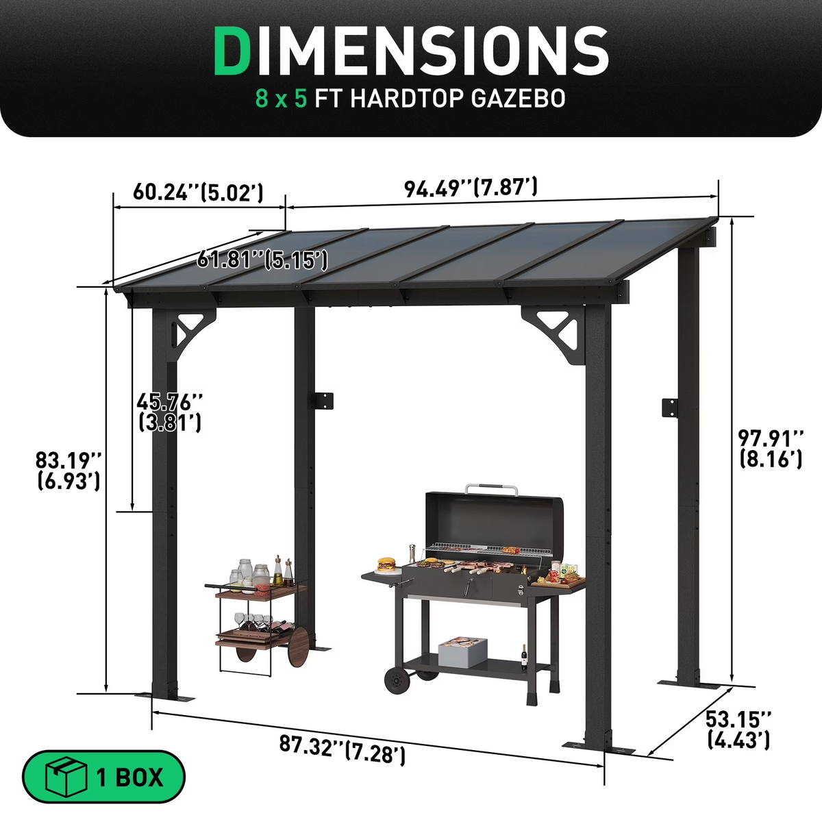 Aoxun 8' x 5' Gazebo for Patio, Gazebo Pergola with Sloped Roof, Grill Gazebo Large Wall-Mounted Heavy Duty Awnings, for Backyard, Deck, Patio