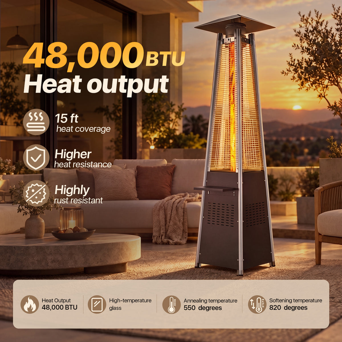 LazySunsets 87 Inch Outdoor Tower Propane Heater, 48000 BTU Black Pyramid Patio Heater with Detachable Tabletop, Safety Guard & Moving Wheels, Auto Safety Shutoff