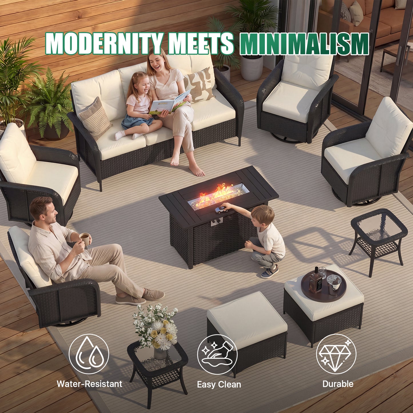 Clouddwell 10 Pieces Outdoor Patio Furniture Set, Rattan Wicker Sectional Swivel Rocker Chairs Sets with Fire Pit