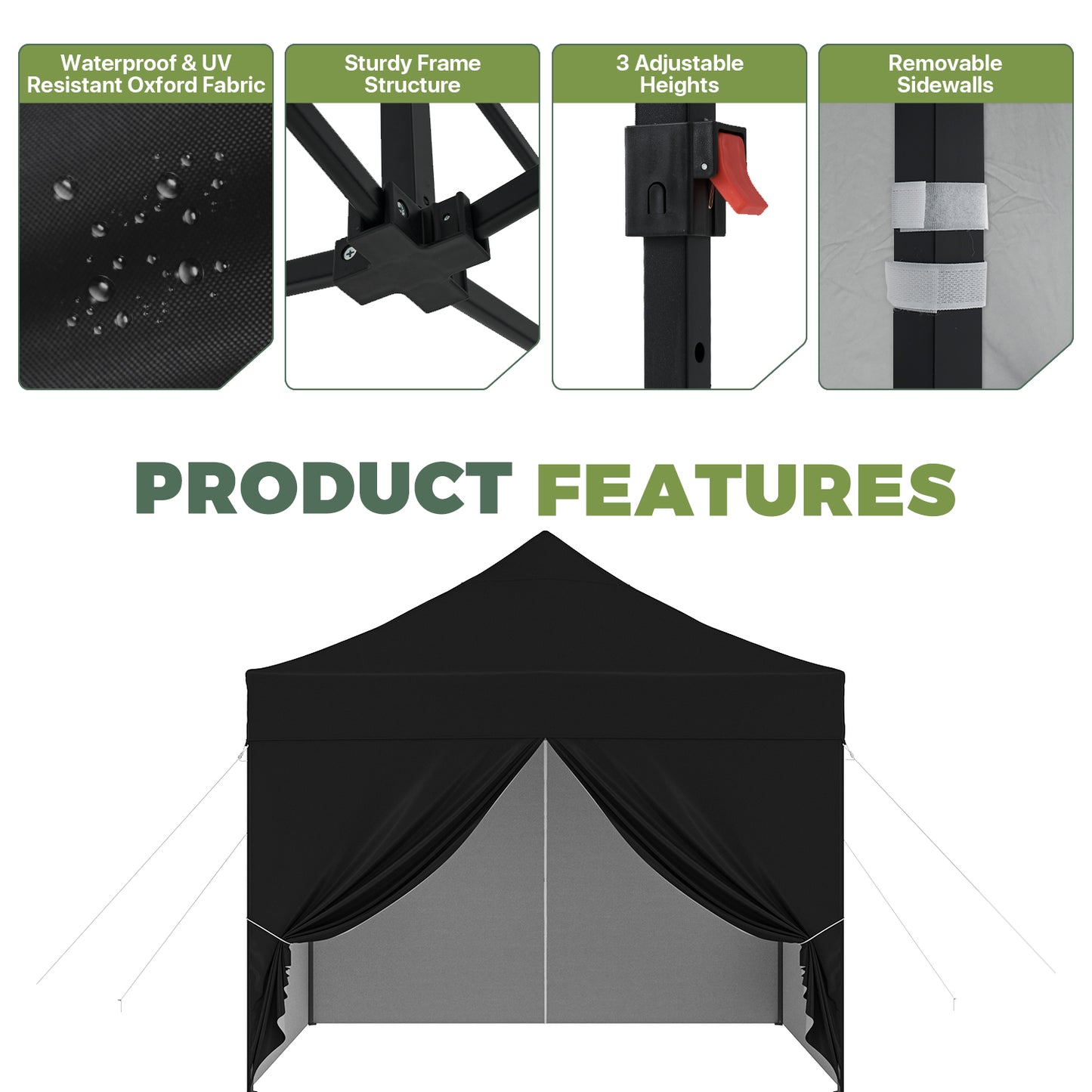 Clouddwell 10'x10' Pop Up Canopy Tent with 4 Removable Sidewalls, Adjustable Height Instant Outdoor Canopy, Portable Sun Shade Shelter with 4 Sandbags, Easy Setup for Parties, Camping, Events, Black