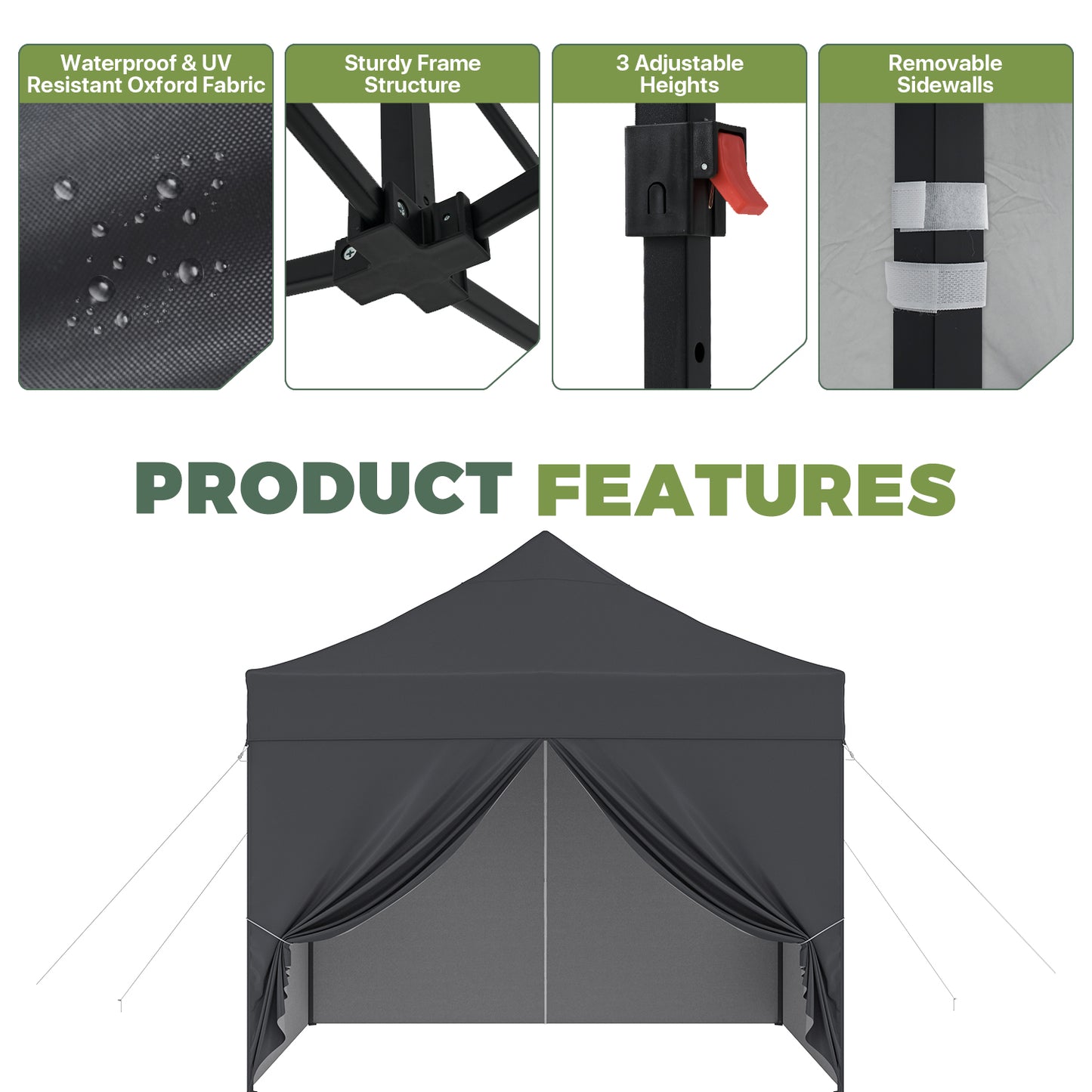 Clouddwell 10'x10' Pop Up Canopy Tent with 4 Removable Sidewalls, Adjustable Height Instant Outdoor Canopy, Portable Sun Shade Shelter with 4 Sandbags, Easy Setup for Parties, Camping, Events, Gray