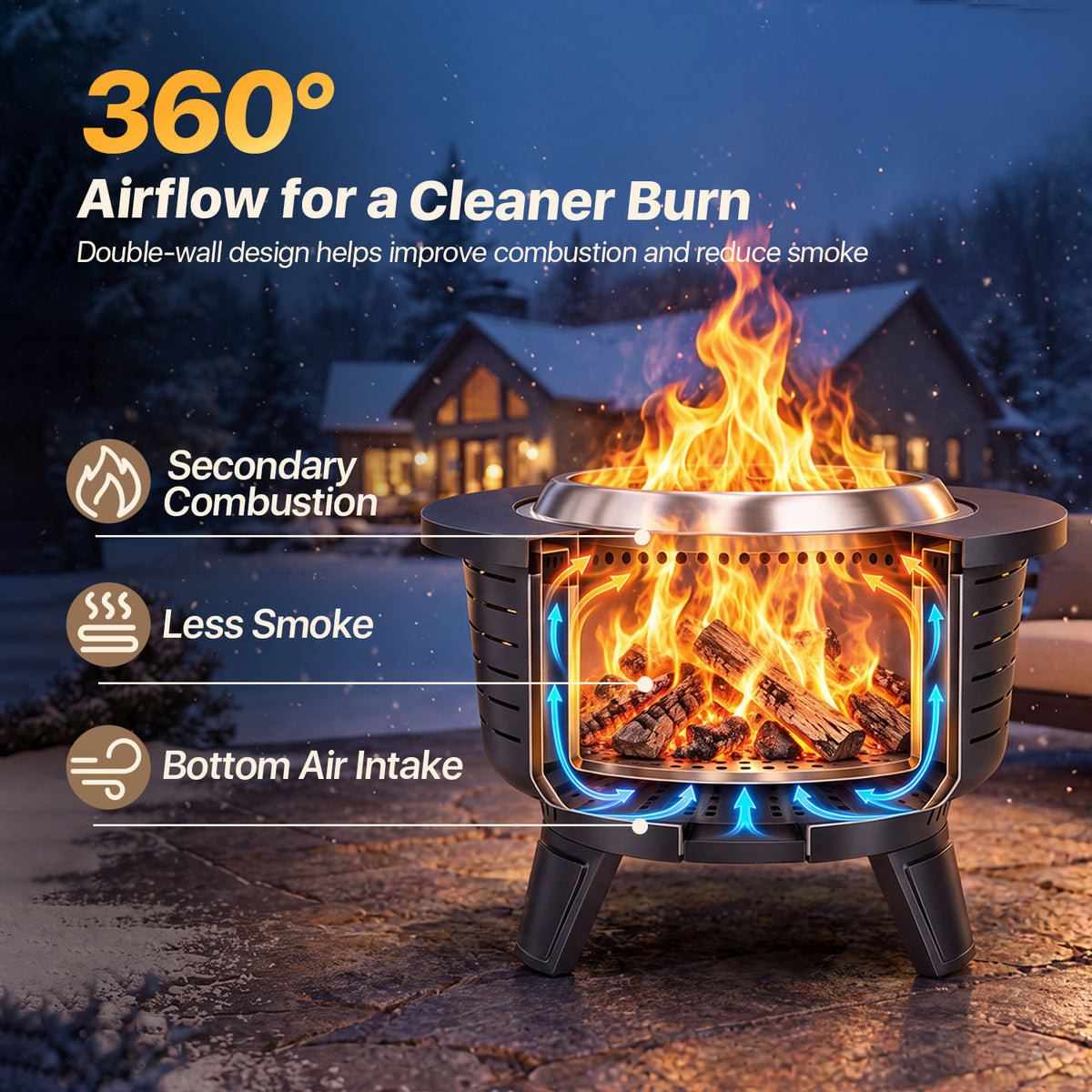 BaPiPro 25" Black Smokeless Fire Pit HR-A, Outdoor Wood Burning Fire Stove with Fire Poker and Rain Cover for Backyard Patio Heating