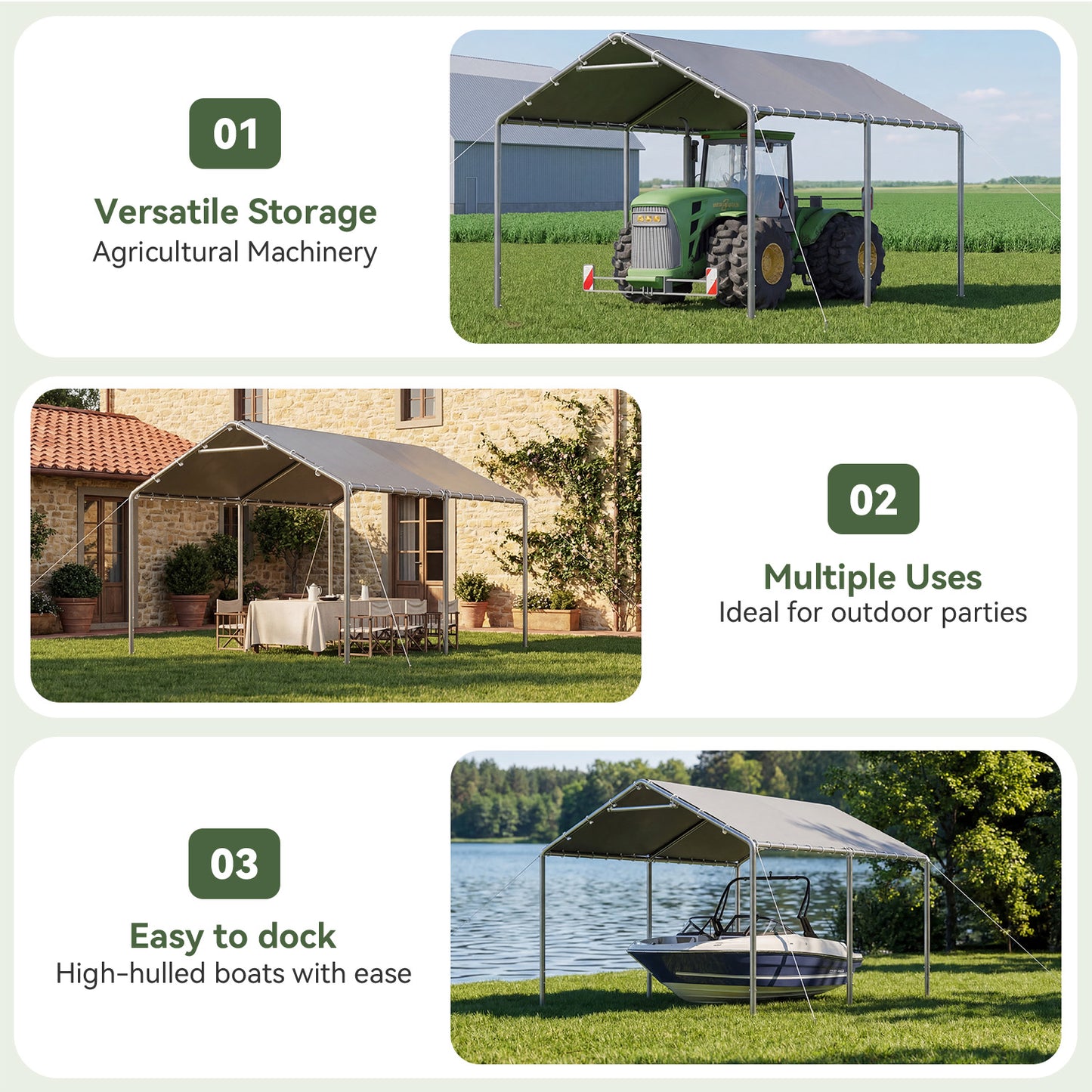Aoxun 10x15 FT Carport Heavy Duty Car Canopy for Cars, Boats, Trucks, Outdoor Carport Shelter Portable Garage with Reinforced Frame, Gray