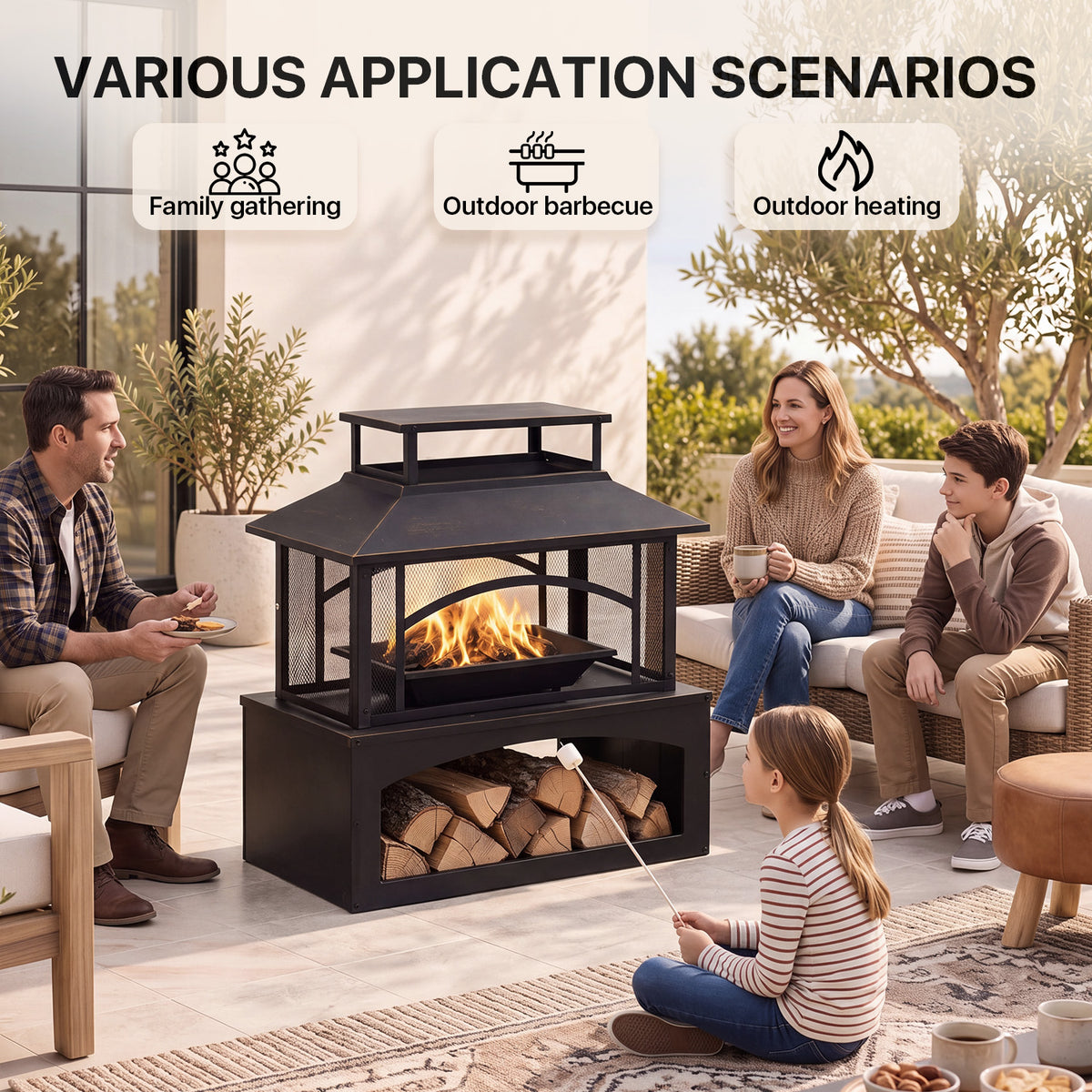 LazySunsets 32 Inch Outdoor Steel Fire Pit with Built‑in Log Storage, 360 Degree Safety Mesh Screen, Large Wood Burning Fireplace for Backyard Patio Garden Party, Black