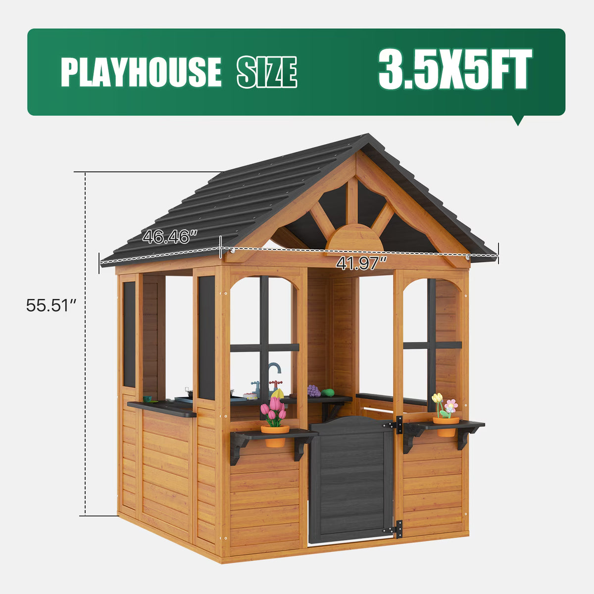 Dateyes S5-A Wooden Kids Playhouse 4x4FT Brown Gable Roof, Indoor Outdoor Play Cottage with Complete Kitchen Toys
