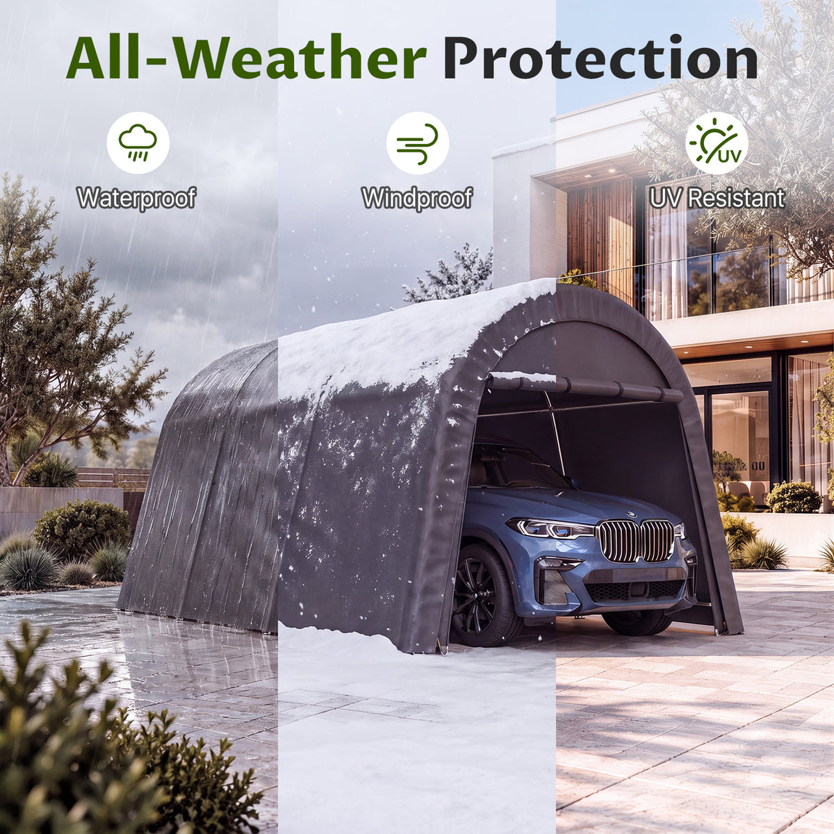 Dateyes 10x20 FT Carport Round Top Shelter, Carport Canopy with Roll-up Doors, Portable Garage Portable Carport with Waterproof UV PE Cover, Car Canopy for Car, Truck, SUV, Boat, Dark Gray