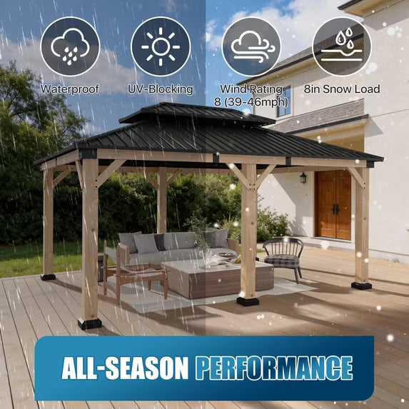 Sunmthink 12'x16' Outdoor Hardtop Gazebo, Cedar Wood Pavilion with Galvanized Steel Double Roof, for Patio, Garden, Deck