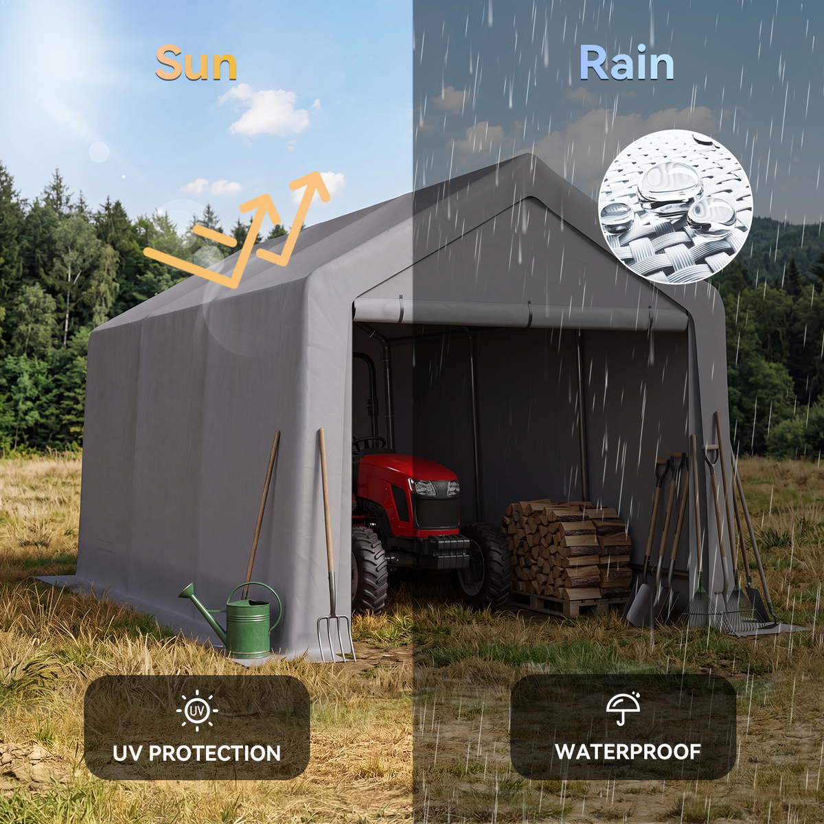 Aoxun 8x14 FT Carport Shed, Portable Storage Shed with Roll-Up Door & Window, Waterproof Storage Tent With Galvanized Steel Frame for Equipment, Bike