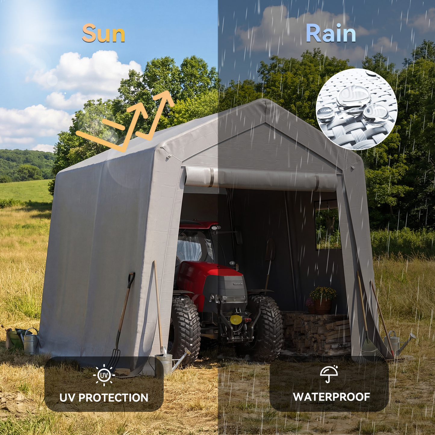 Aoxun 10x10 FT Outdoor Carport Shed, Portable Garage with Roll-Up Door & Window, Waterproof Tarp & Galvanized Steel Frame for Lawn Equipment, Bike, Motorcycle, Trunk Cover, Gray