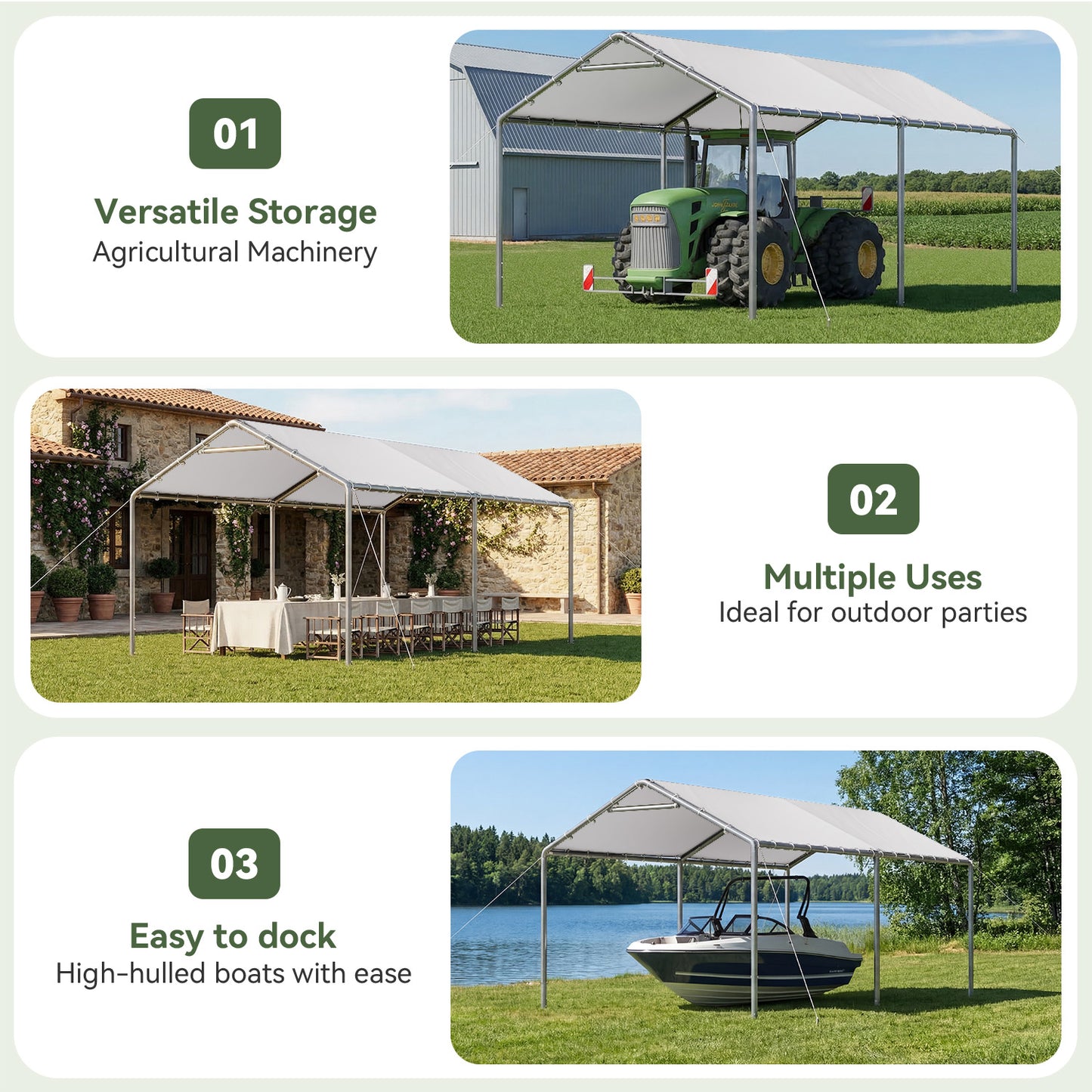 Aoxun 10x20 FT Carport Heavy Duty Car Canopy for Cars, Boats, Trucks, Outdoor Carport Shelter Portable Garage with Reinforced Frame, White